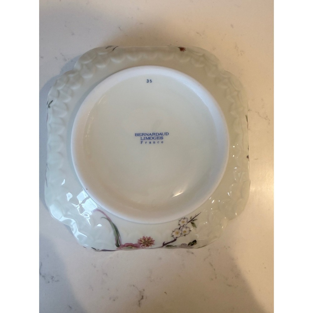 Bernardaud Limoges France Pekin Square Scalloped Floral Bird Porcelain Bowl 7in - Picture 2 of 3